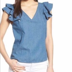 Draper James Chambray Flutter Sleeve Top SZ 6